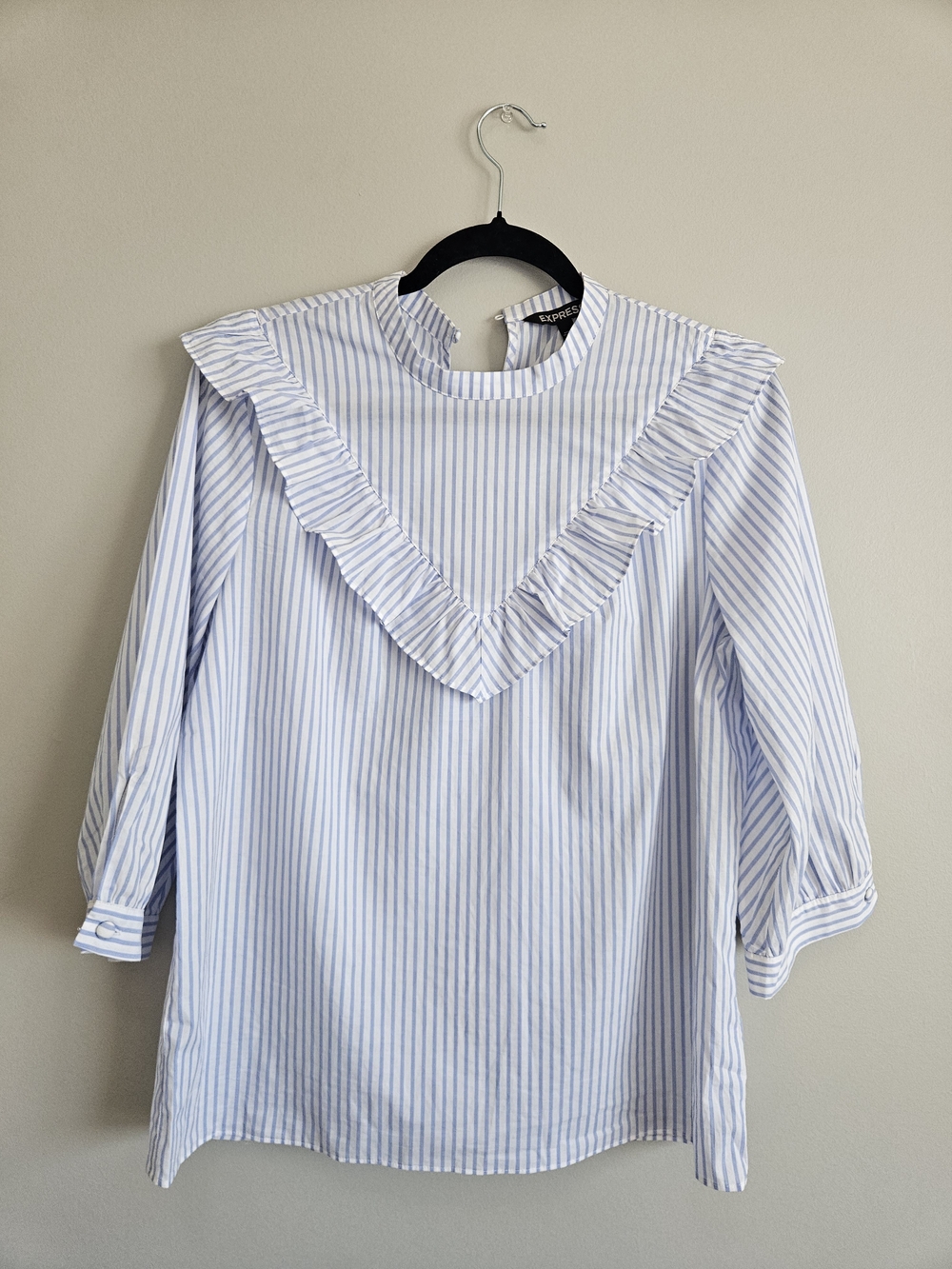 Express Blue White Striped Ruffle Bib Blouse Top Size M